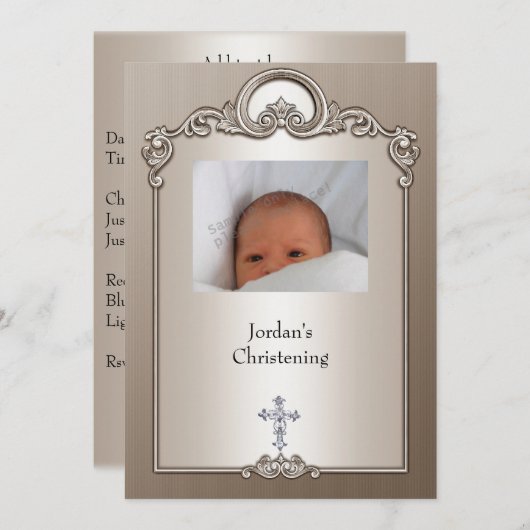 Sepia Silver Foto Frame Jewel Cross Christening Einladung (Vorne/Hinten)