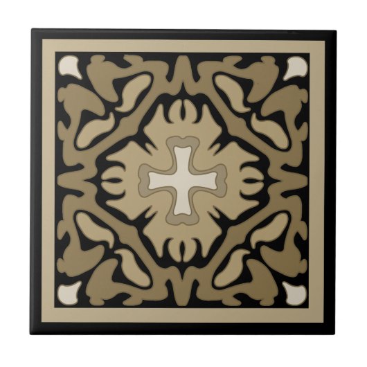 Sepia Spanish Tile on Black Background Fliese (Vorderseite)