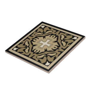 Sepia Spanish Tile on Black Background Fliese