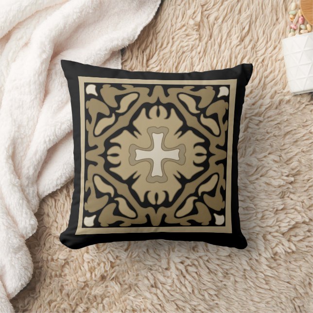 Sepia Spanish Tile on Black Background Kissen (Decke)