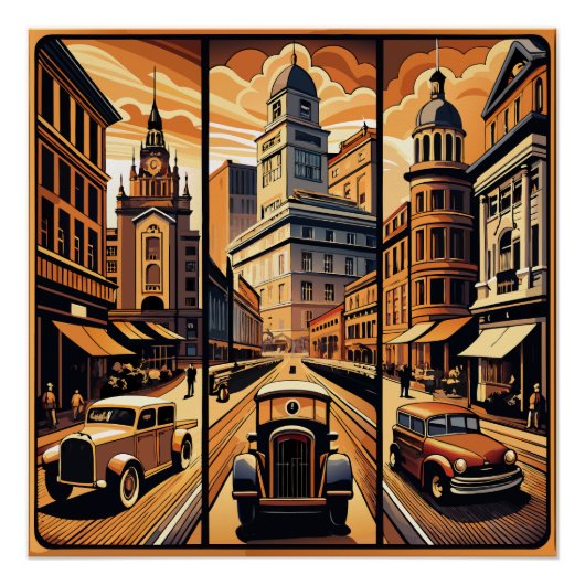 Sepia-Stadtbild-Triptychon Poster (Vorderseite)
