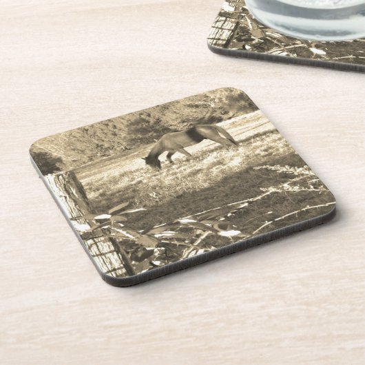 Sepia ton Brown Pferd und Zaun Getränkeuntersetzer (Linke Seite)