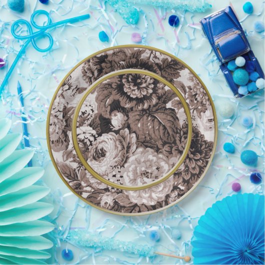 Sepia-Ton-Goldring Brown BlumenToile Pappteller (Party)