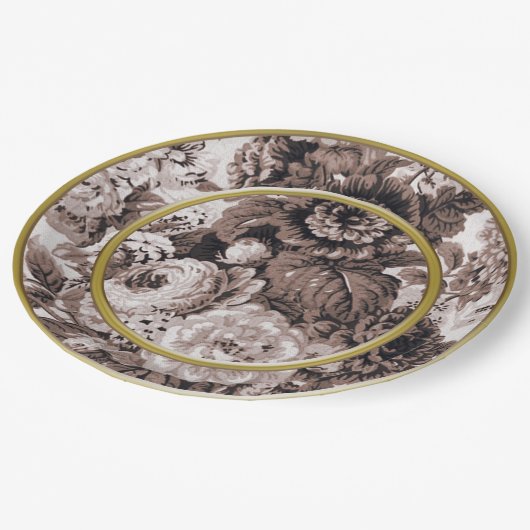 Sepia-Ton-Goldring Brown BlumenToile Pappteller (Schrägansicht)