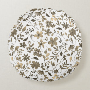 Sepia-Ton Vintage-Blumenprint Rundes Kissen
