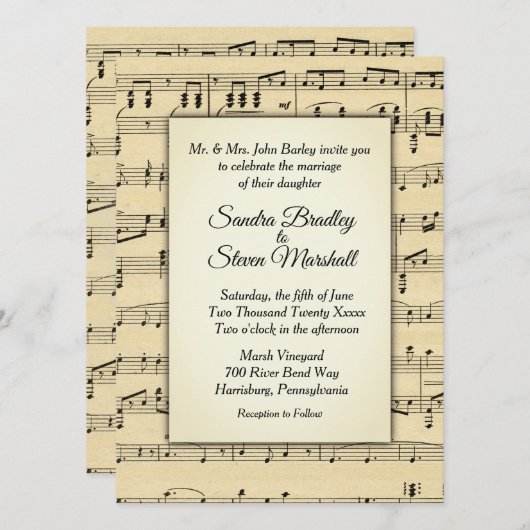 Sepia Tone Antique Sheet Music Theme Wedding Einladung (Vorne/Hinten)