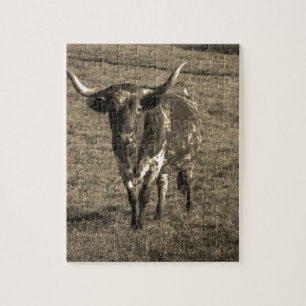 Sepia Tone Brown and White Longhorn Bull Puzzle