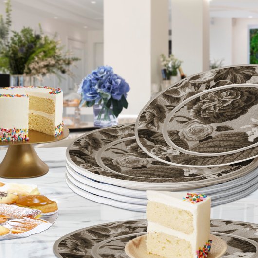 Sepia Tone Brown Floral Toile No.1 Pappteller