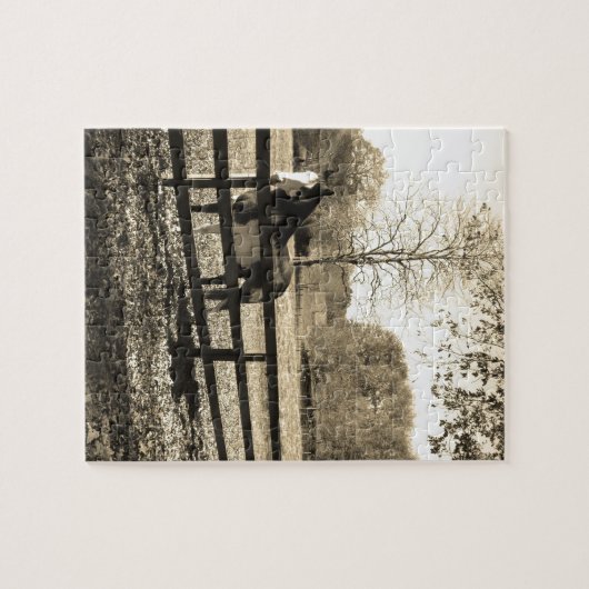 Sepia Tone Foto des Schwarz-Weiß-Pferdes Puzzle (Horizontal)