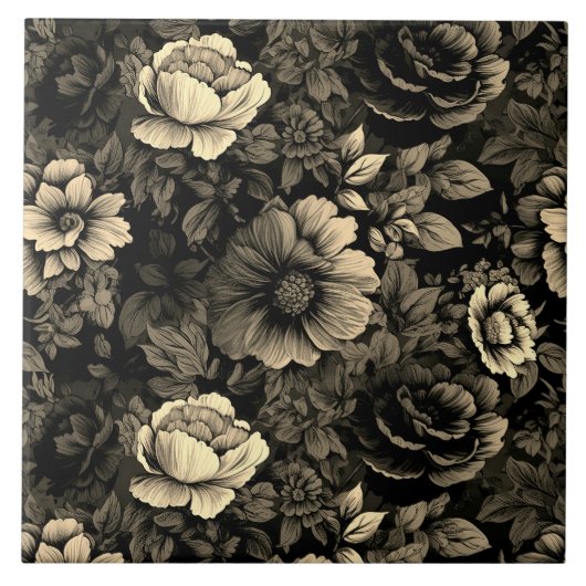 Sepia Tone Vintag Floral Print Fliese (Vorderseite)
