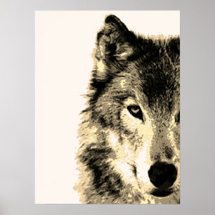 Sepia-Vintage-Retro-Grau-Wolfauge-Kunstwerk Poster