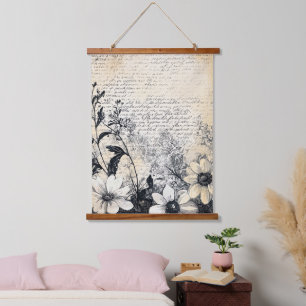 Sepia-Wildblumen-Manuskript Botanische Kunst Wandteppich Mit Holzrahmen