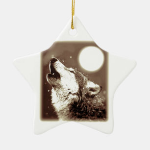 Sepia Wolf & Moon Keramik Ornament