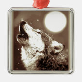Sepia Wolf & Moon Silbernes Ornament (Vorne)