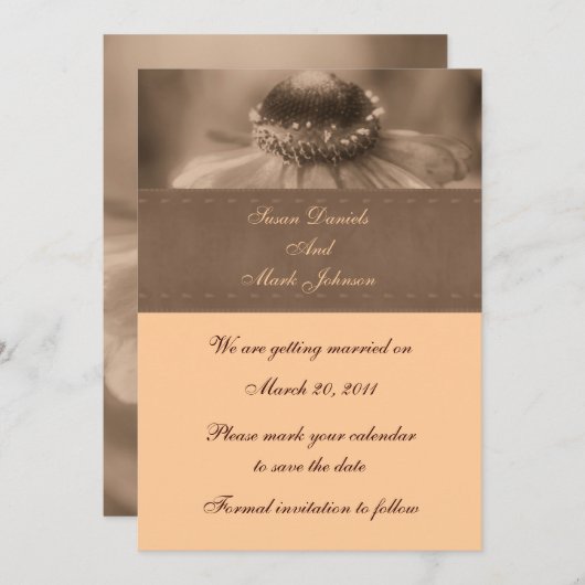 Sepia Zinnia Blume Hochzeit retten Datum Einladung (Vorne/Hinten)