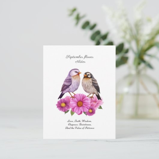 September-Aster-Blume mit Birds Birth-Geschenk (Stehend Vorderseite)