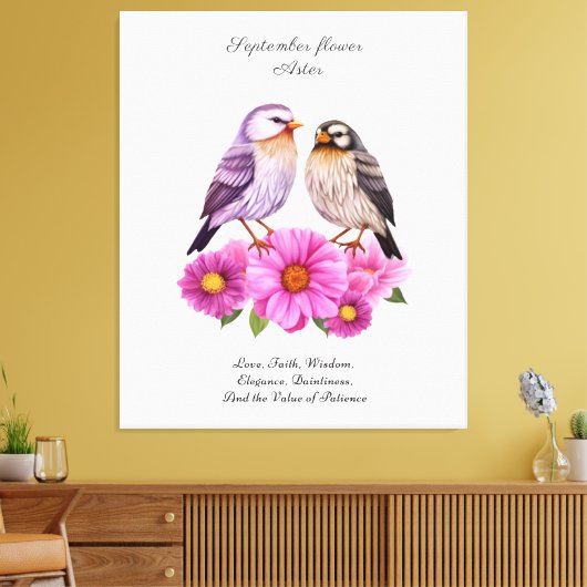 September-Aster-Blume mit Birds Birth-Geschenk Leinwanddruck (Insitu (Wohnzimmer))