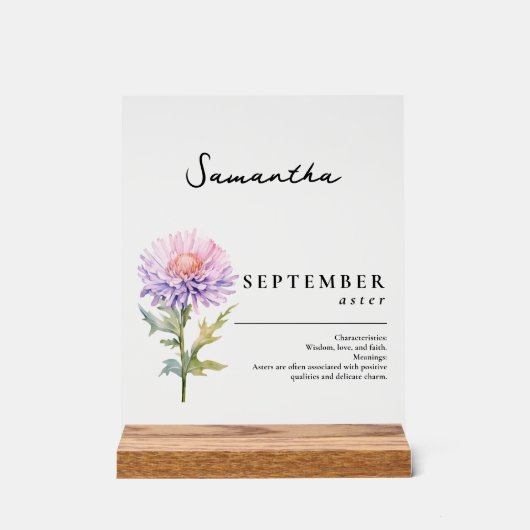 September Geburtsmonat Blume Aster Personalisiert Acrylschild (Vorderseite)