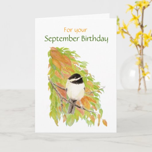 September Geburtstag Chickadee Bird Card Karte (Gelbe Blume)