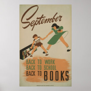 September Zurück zur Arbeit, Schule, Bücher Vintag Poster