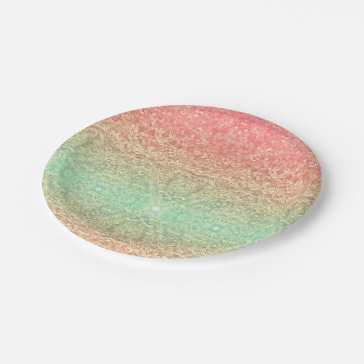 Sequenzer Spitzenmuster ombre rosa goldgrün Pappteller (Schrägansicht)