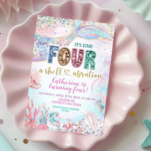 sequin glitter Four Shellebarate Girl birthday inv Einladung