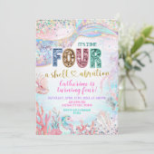 sequin glitter Four Shellebarate Girl birthday inv Einladung (Stehend Vorderseite)