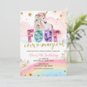 Sequin glitter Magical Unicorn 4th birthday Einladung (Stehend Vorderseite)