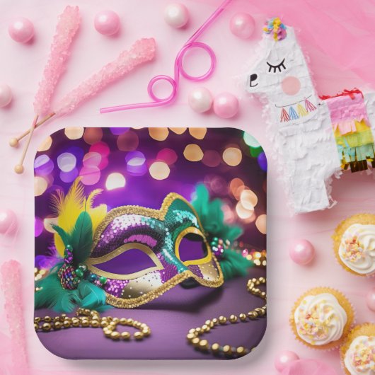Sequin Mardi Gras Maske mit Goldperlen Pappteller (Party)