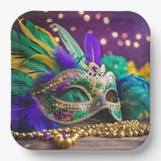 Sequin Mardi Gras Maske mit Perlen Pappteller (Vorderseite)