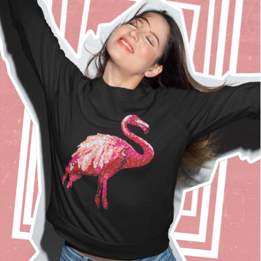 Sequin Printed Tropical Flamingo Pink Bird Black Sweatshirt