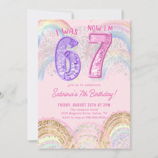 Sequin Rainbow Six Seven 67 Birthday Invitation Einladung (Vorderseite)
