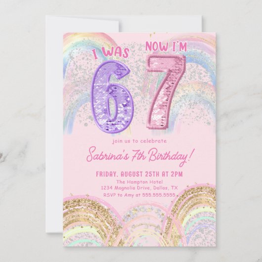 Sequin Rainbow Six Seven 67 Birthday Invitation Einladung (Vorderseite)