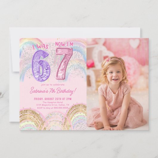 Sequin Rainbow Six Seven 67 Birthday Photo Einladung (Vorderseite)