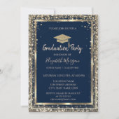 Sequins Diamonds Gold Grad Cap Blue Abschluss Einladung (Vorderseite)