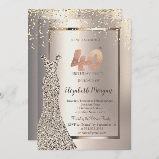 Sequins Dress Confetti Ivory 40. Geburtstag Einladung (Vorne/Hinten)
