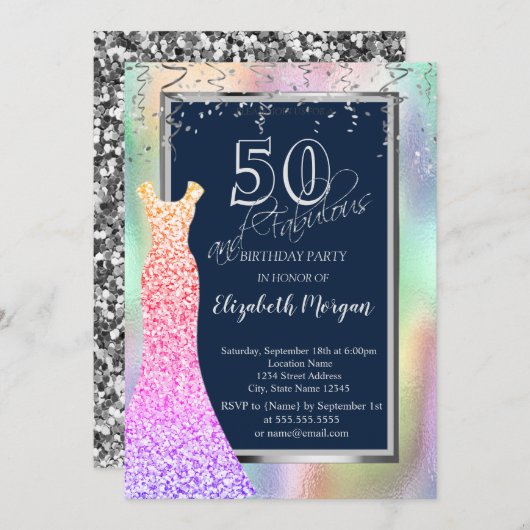 Sequins Dress Rainbow Holographic 50. Geburtstag Einladung (Vorne/Hinten)