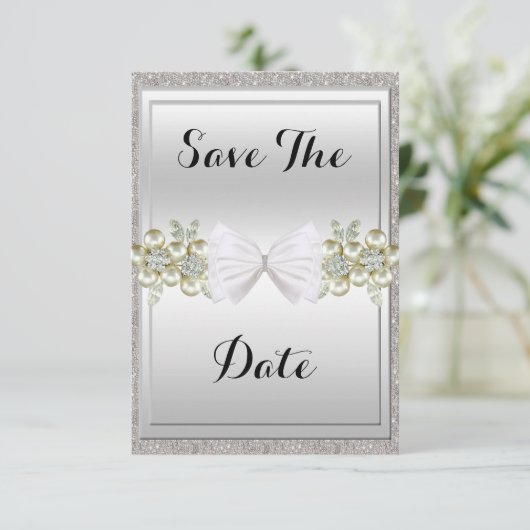 Sequins & Floral Gemes Glitzer Bow Save the Date (Stehend Vorderseite)