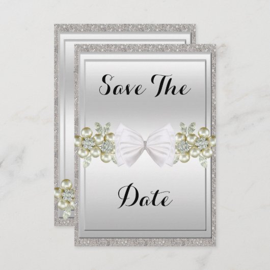 Sequins & Floral Gemes Glitzer Bow Save the Date (Vorne/Hinten)