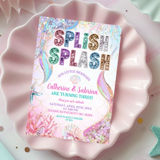  Sequins Glitters Mermaids Sibling Twins Birthday  Einladung