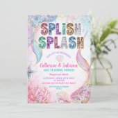  Sequins Glitters Mermaids Sibling Twins Birthday  Einladung (Stehend Vorderseite)