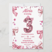 Sequins Pink Bow Three Girl Birthday Einladung (Vorderseite)