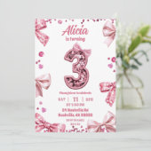 Sequins Pink Bow Three Girl Birthday Einladung (Stehend Vorderseite)