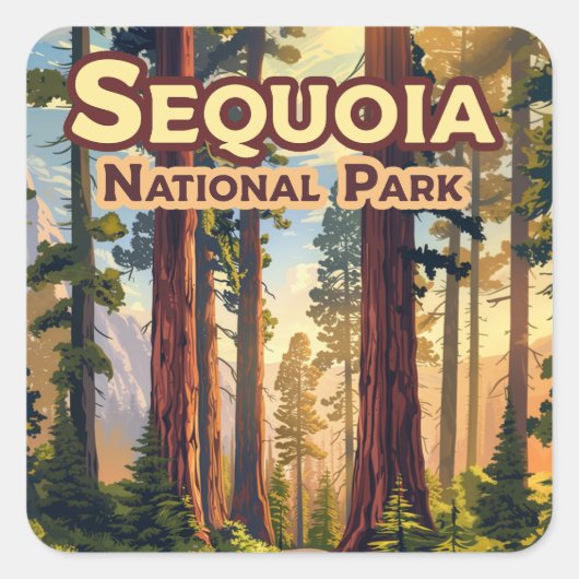 Sequoia Nationalpark California Tree Retro Quadratischer Aufkleber (Vorderseite)