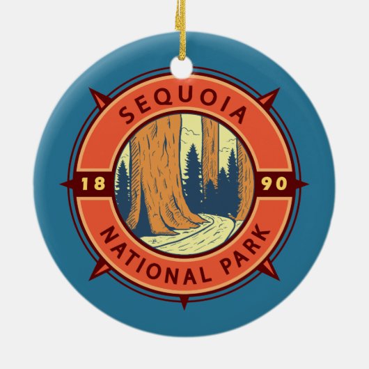 Sequoia Nationalpark Illustration Retro Kompass Keramik Ornament (Hinten)