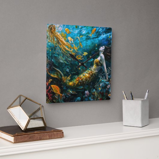 "Seraphina" - Wunderschöne mystische Meerjungfrau Quadratische Wanduhr (Büro)