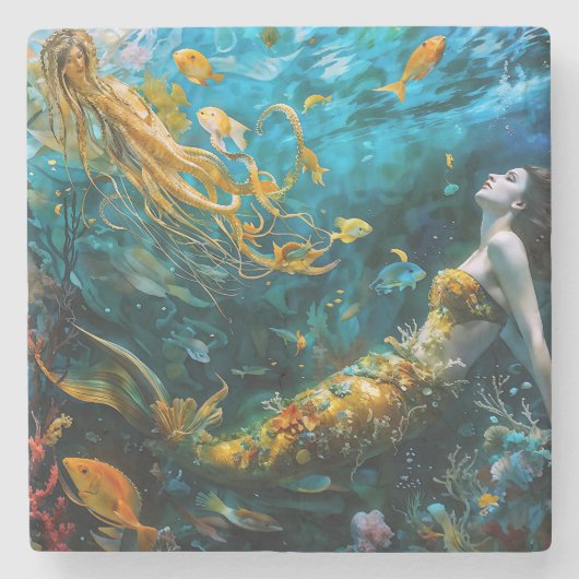 "Seraphina" - Wunderschöne mystische Meerjungfrau Steinuntersetzer (Vorderseite)