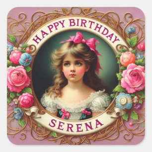 SERENA ~ HAPPY BIRTHDAY ~ Vintages Mädchen ~ Quadratischer Aufkleber