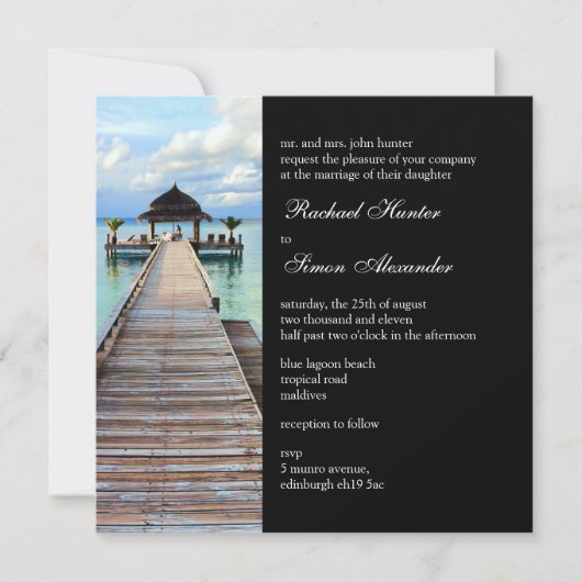 Serenade Jetty Maldives Beach Hochzeit - schwarz Einladung (Vorderseite)
