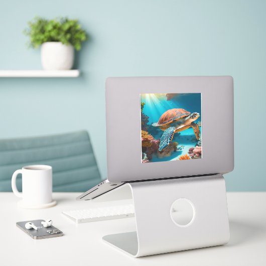 Serene 3D Sea Turtle im Ozean Tranquiles Meeresleb Aufkleber (Laptop auf Schreibtisch)